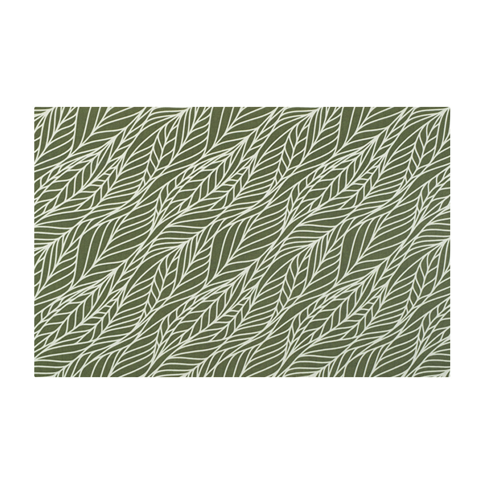 Overhead view of Abstract cream colored leaf pattern on small olive green linen look low profile washable floor mat
