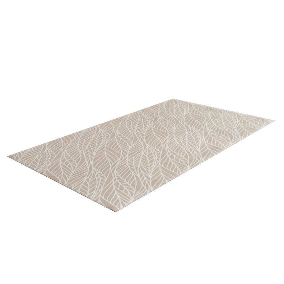 Overhead angled shot of Abstract cream colored leaf pattern on shiitake tan linen look low profile washable floormat