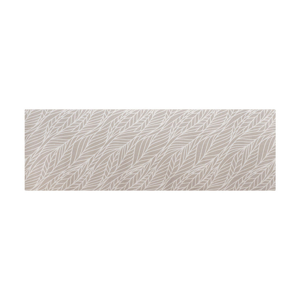 Overhead shot of runner Abstract cream colored leaf pattern on shiitake tan linen look low profile washable floormat