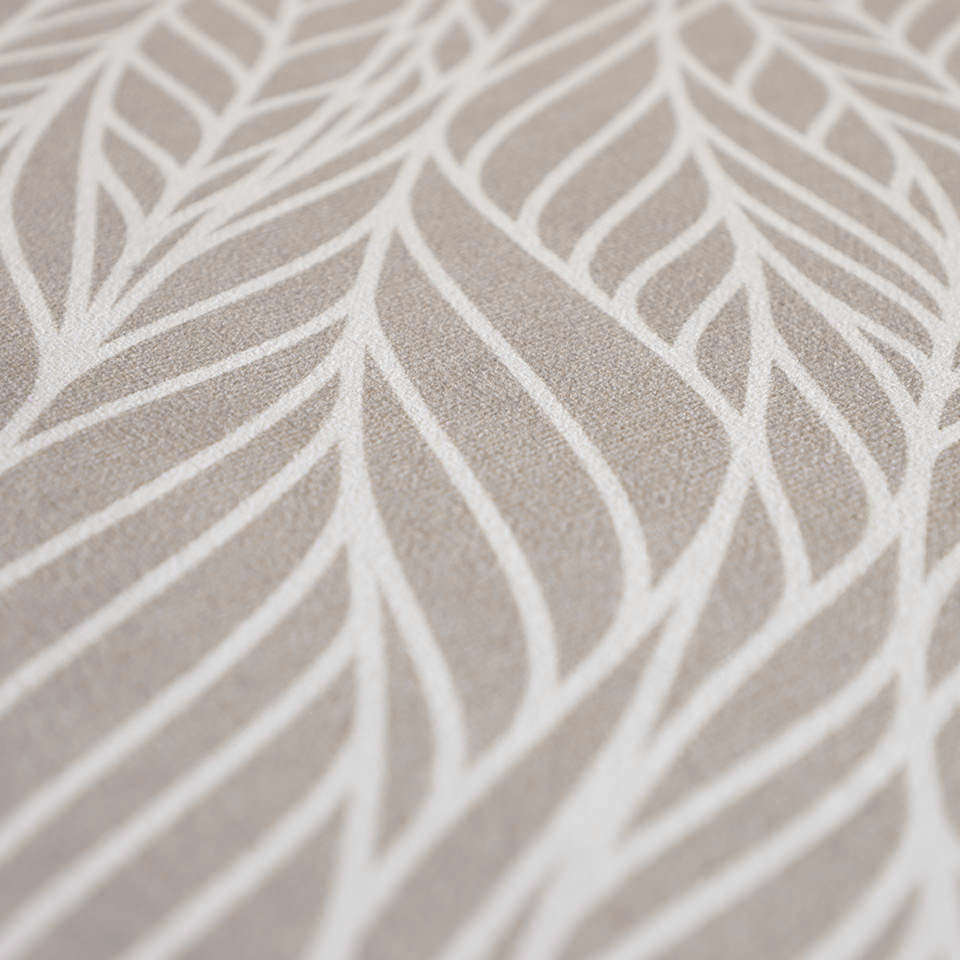 Close up shot of abstract cream colored leaf pattern on shiitake tan linen look low profile washable floormat