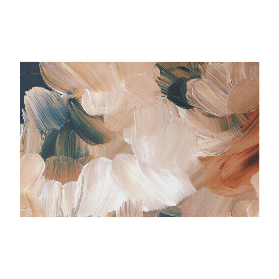 Small Abstract Painting printed on low profile washable floor mat in rust, cream colors, and dark teal
