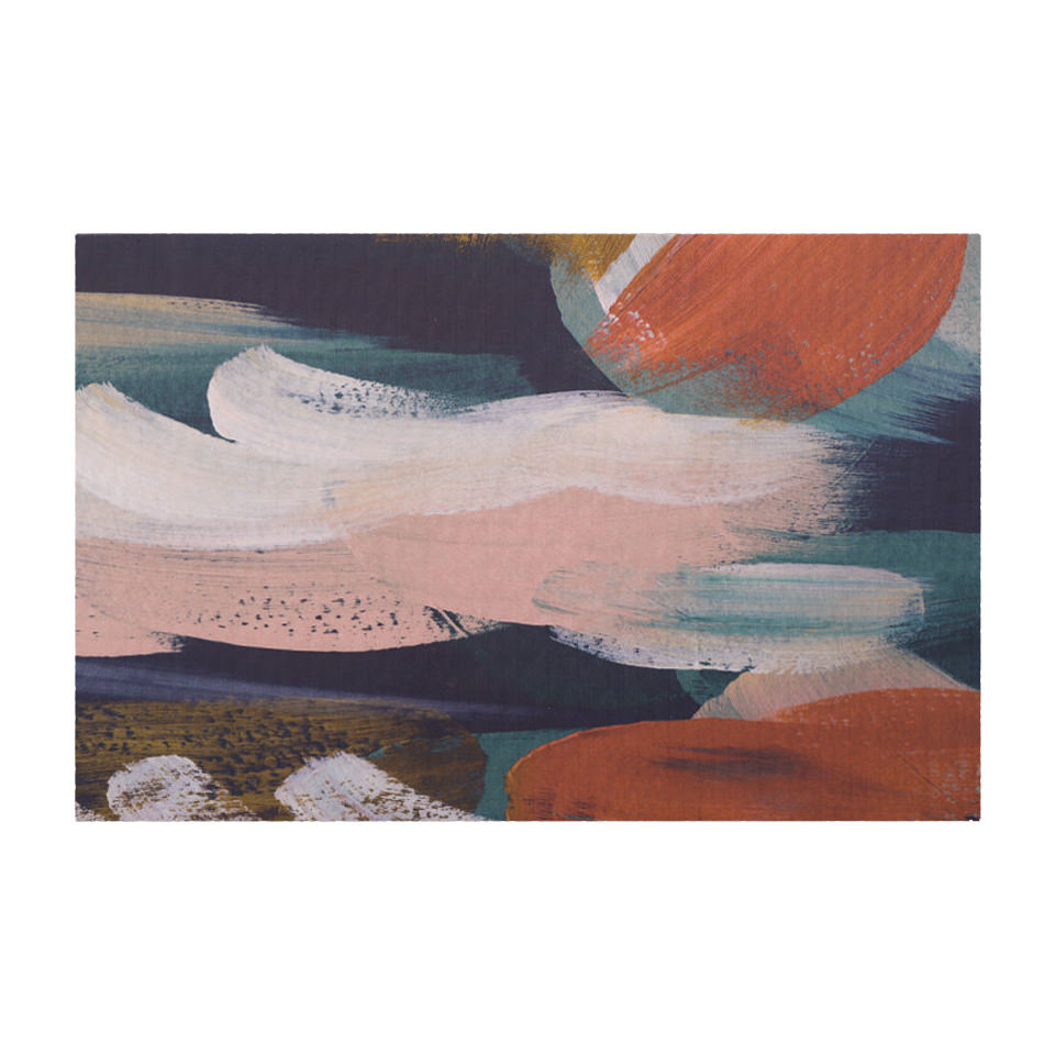 Small Abstract Painting printed on low profile floor mat in Rust, mustard, navy, teal, and muted pink.