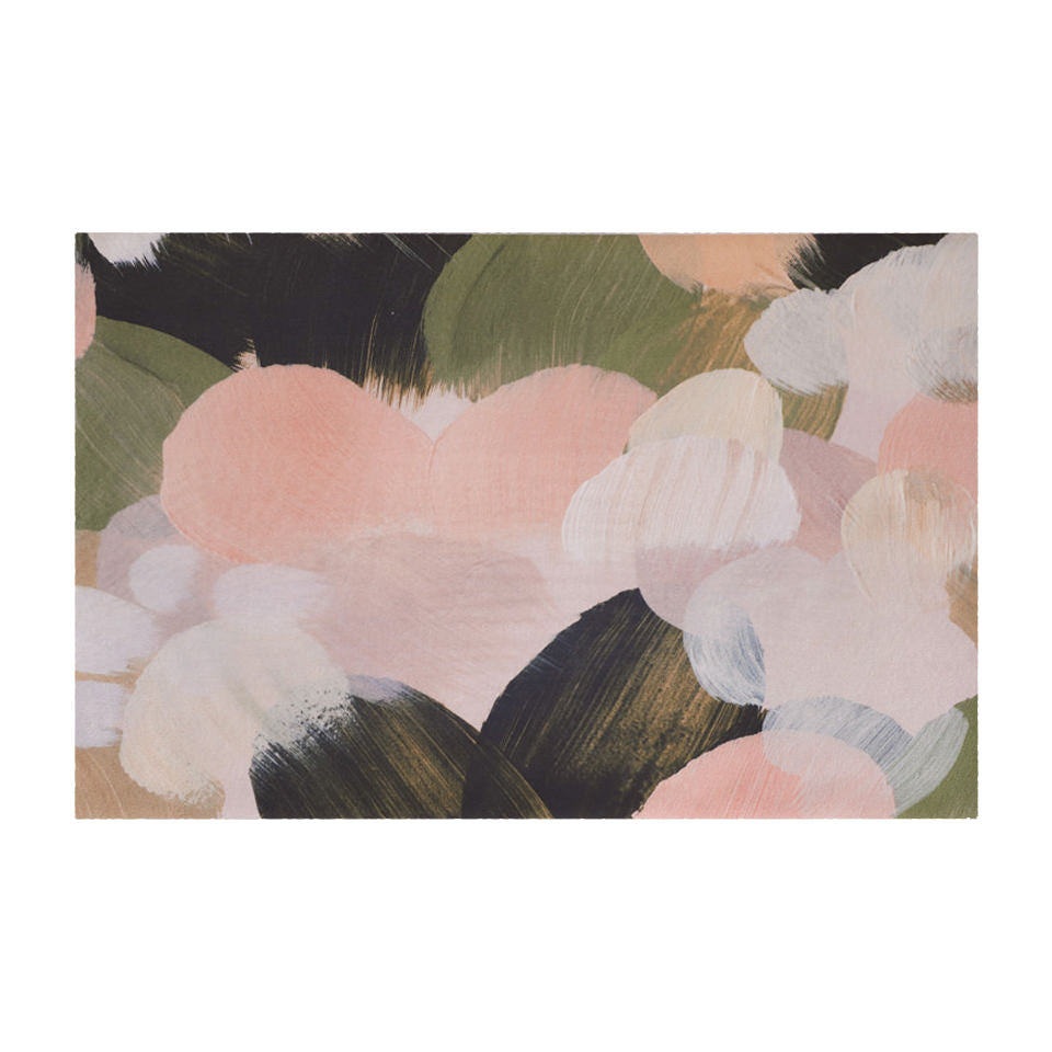 Abstract Painting printed on low profile floor mat in greens, pinks, and creams