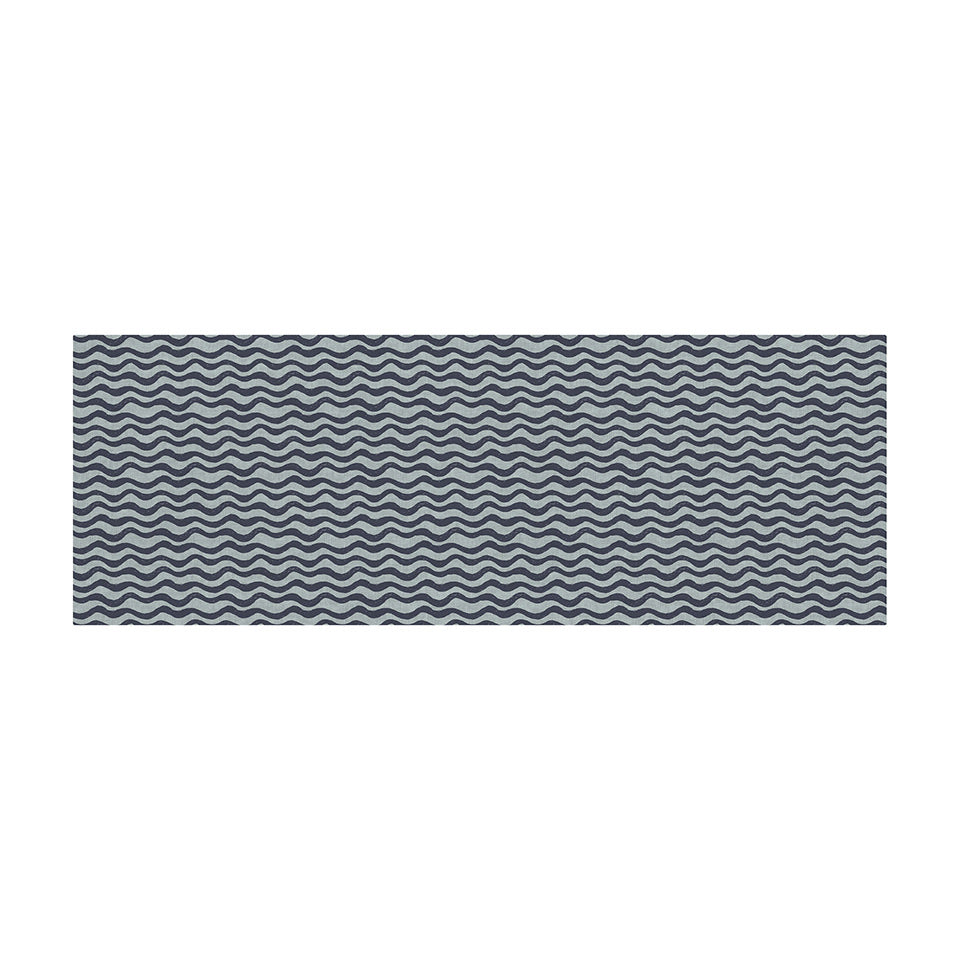 Overhead indoor hallway medium sized runner floormat in Coastal blues with an organic waved pattern on a washable low profile indoor floor mat
