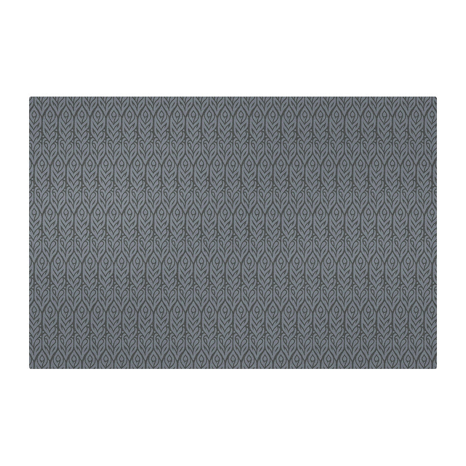 Isolated overhead image of Un-Rug's Color Washed Quill mat with a feathery design in blue hues.