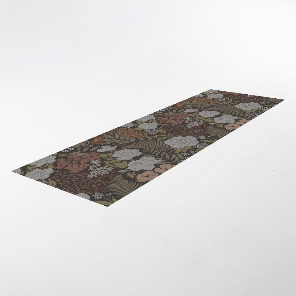 Interior home decor runner in dark floral with linen texture on low profile washable floor mat
