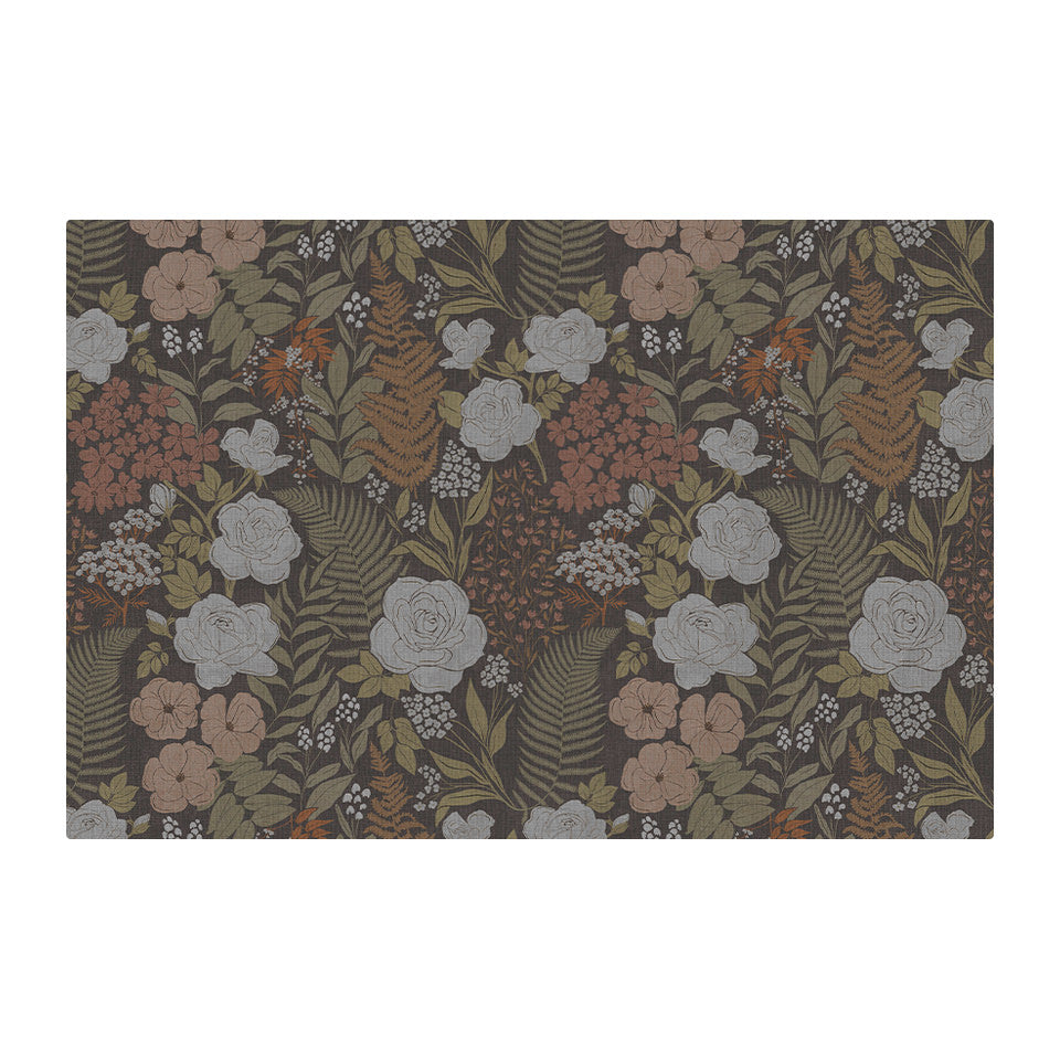 Beautiful Dark floral with linen texture on low profile washable floor mat
