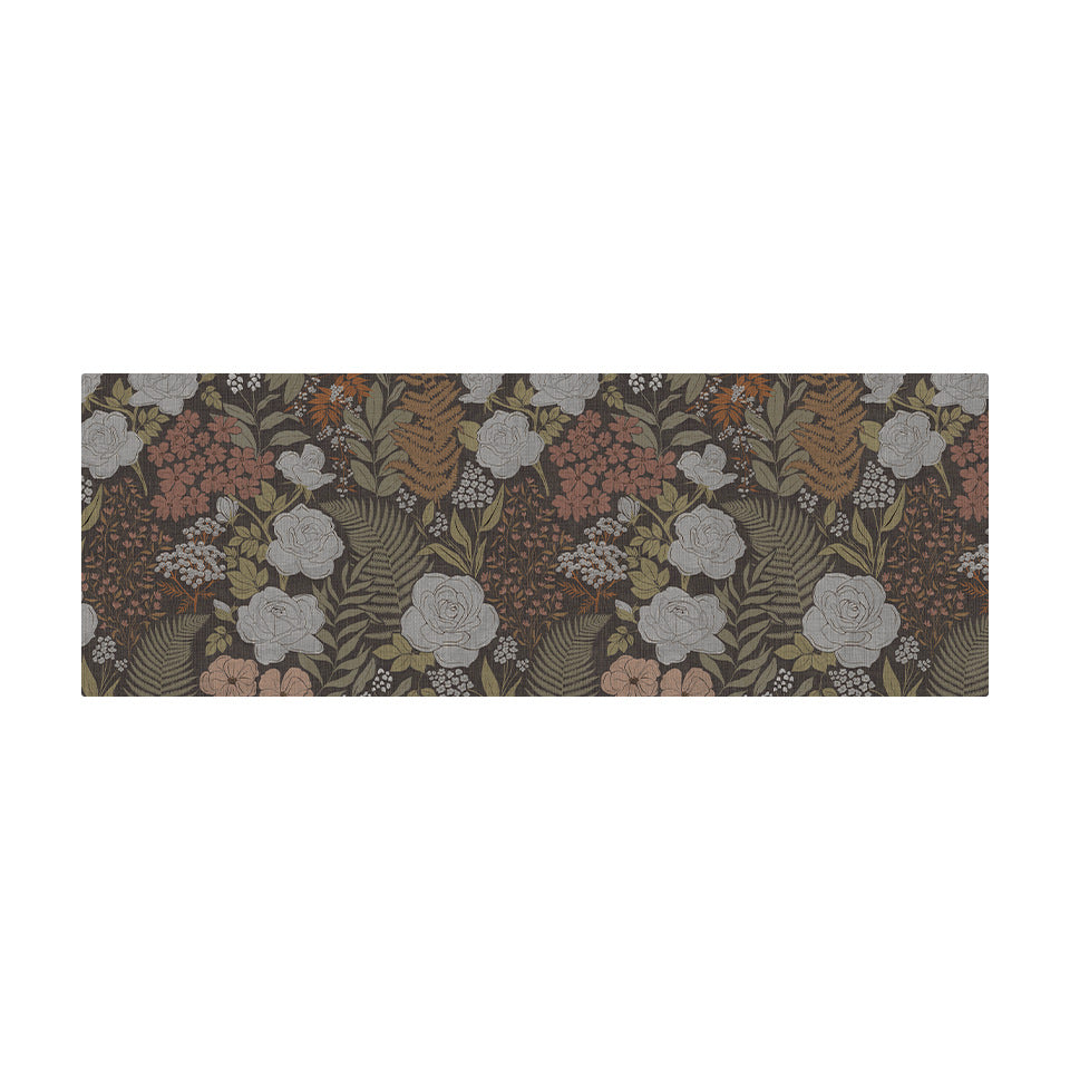 Overhead of interior home decor runner in dark floral with linen texture on low profile washable floor mat