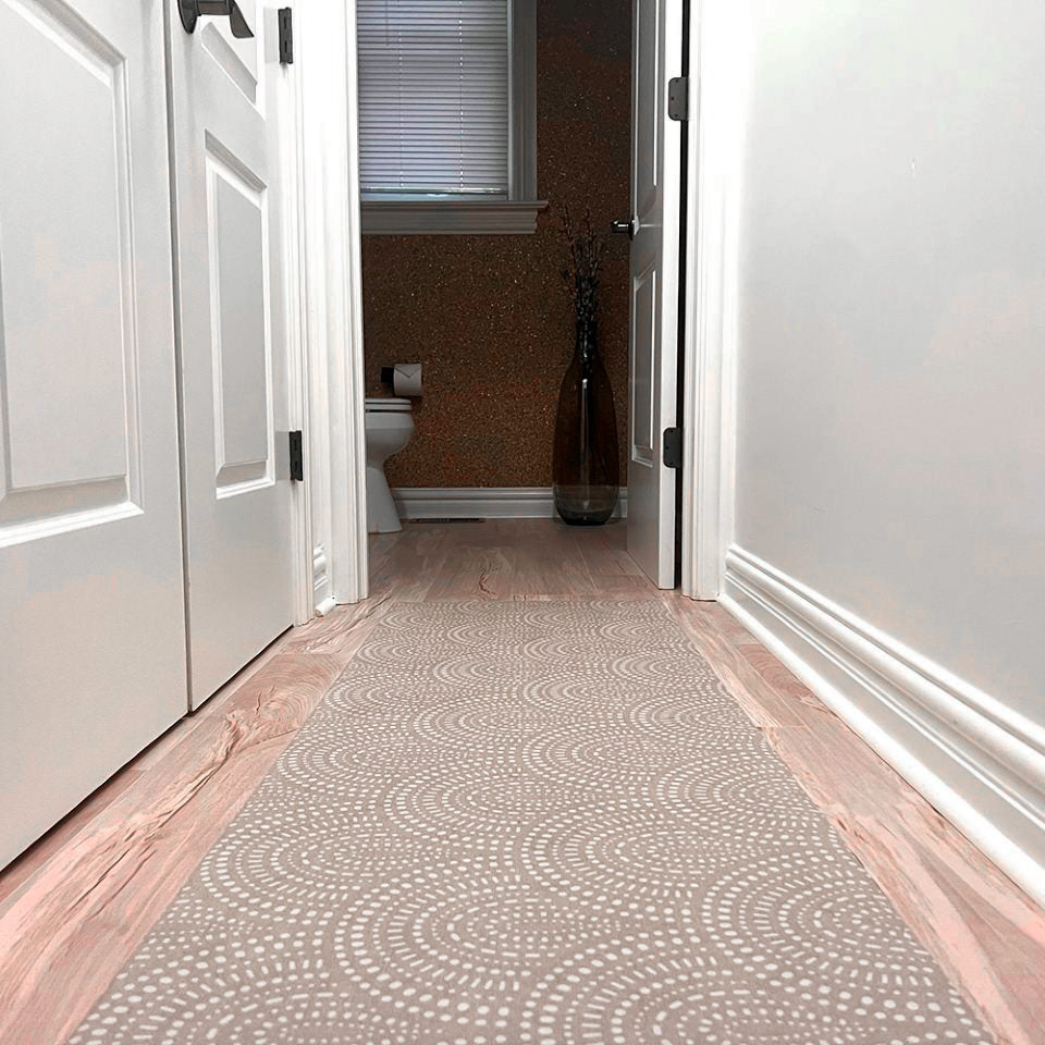 Shiitake tan colored linen background with white dotted fan design on a low profile washable floor mat
