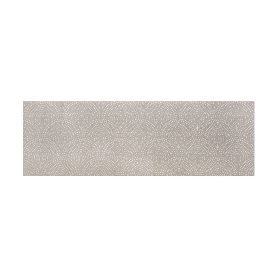 Indoor hallway runner sized floormat in Shiitake tan colored linen background with white dotted fan design on a low profile washable floor mat