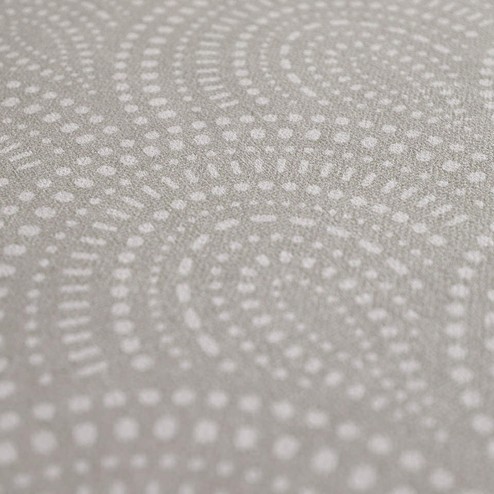 Close up of shiitake tan colored linen background with white dotted fan design on a low profile washable floor mat