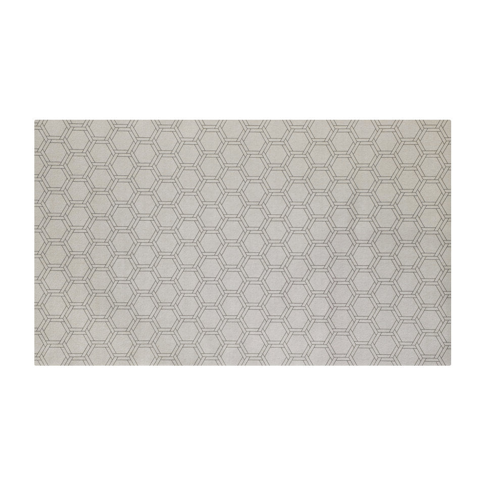 Low profile washable floor mat in shiitake tan printed linen with double honeycomb accent design in urbane bronze size medium