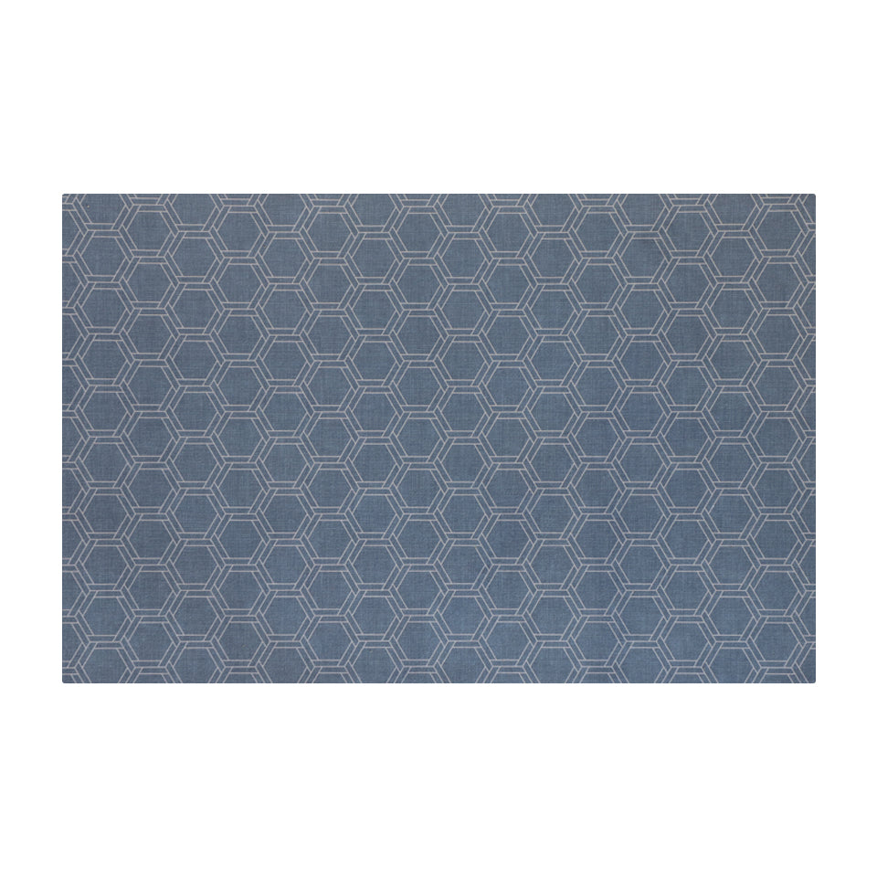Overhead shot of storm cloud in small blue with double honeycomb design in shiitake tan on a low profile washable indoor mat