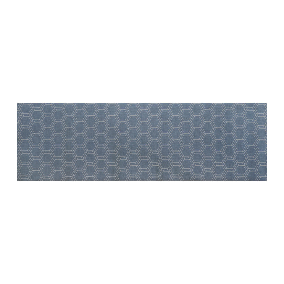 Overhead shot of storm cloud in runner blue with double honeycomb design in shiitake tan on a low profile washable indoor mat