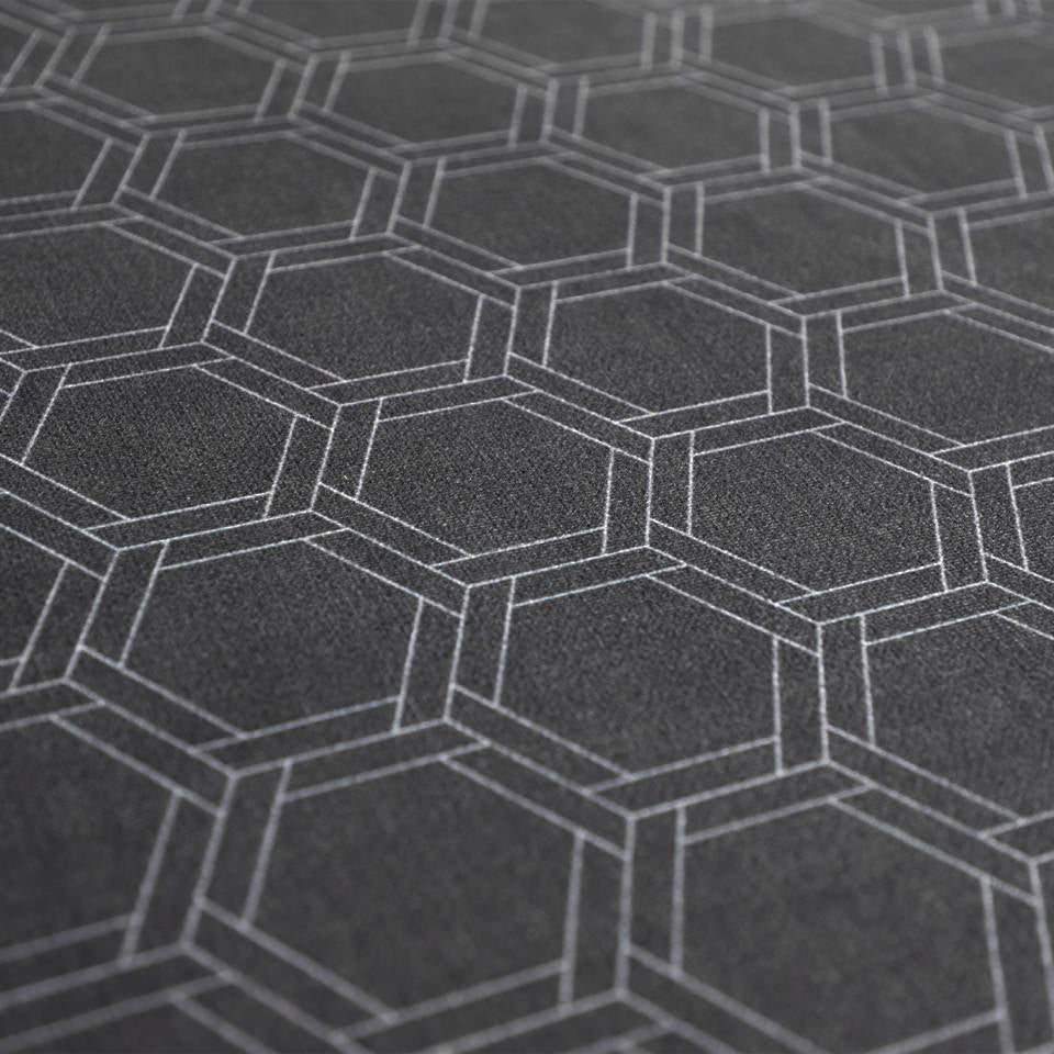 Close up  of Urbane Bronze brownish linen look with double honeycomb accent design in shiitake tan printed on a low profile washable indoor floor mat