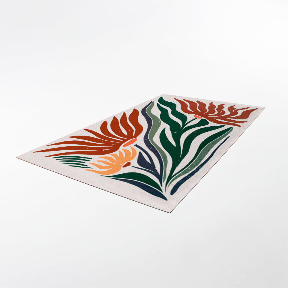 MCM funky abstract floral with shiitake tan background and orange and yellow retro flowers with green leaves on low profile washable floor mat