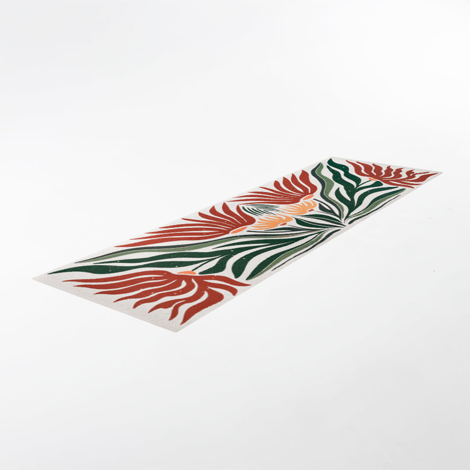 Runner MCM abstract floral, shiitake tan background and orange and yellow flowers with leaves on low profile washable mat