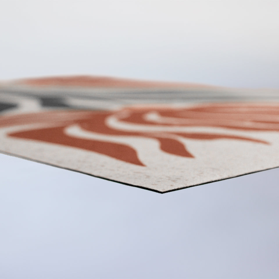 Super low profile shot of MCM funky abstract floral with shiitake tan background and orange and yellow retro flowers with green leaves on low profile washable floor mat
