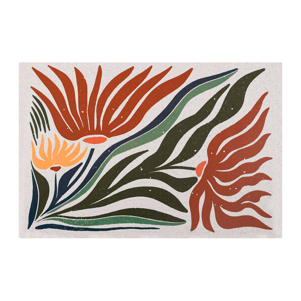 Large MCM abstract floral, shiitake tan background and orange and yellow flowers with leaves on low profile washable mat