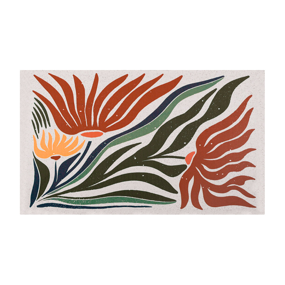 Medium MCM abstract floral, shiitake tan background and orange and yellow flowers with leaves on low profile washable mat