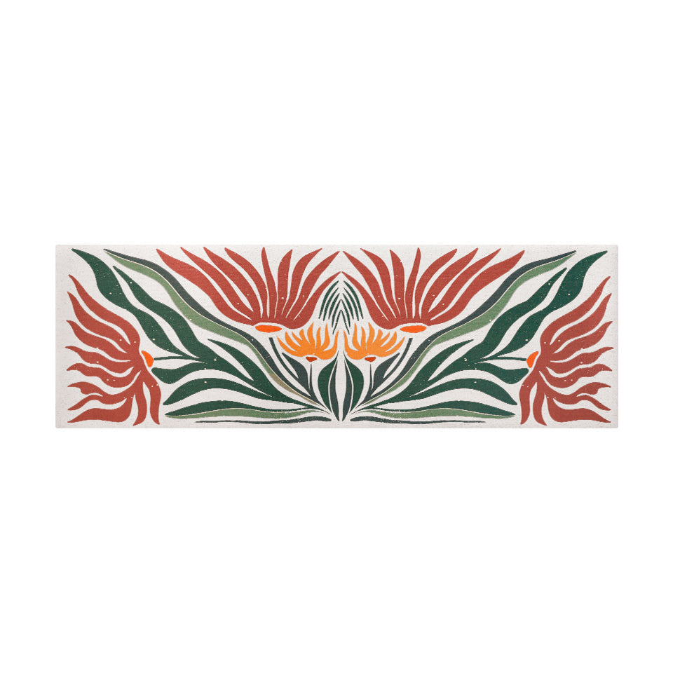 Runner MCM abstract floral, shiitake tan background and orange and yellow flowers with leaves on low profile washable mat