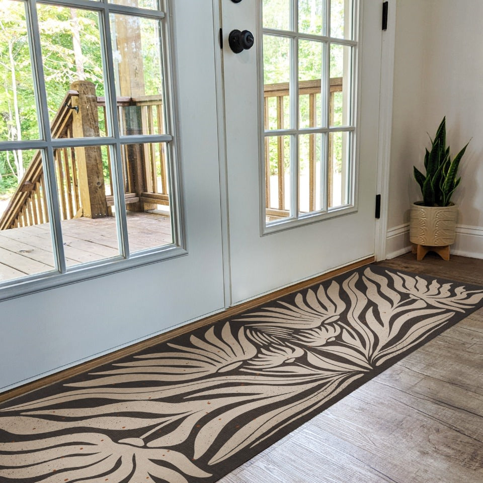 MCM funky abstract floral hallway runner with urbane bronze background and shiitake tan flowers on low profile washable floor mat