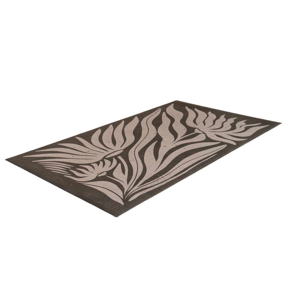 Overhead angled shot of MCM funky abstract floral with urbane bronze background and shiitake tan flowers on low profile washable floor mat
