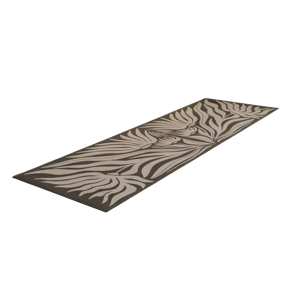 Runner MCM funky abstract floral with urbane bronze background and shiitake tan flowers on low profile washable floor mat