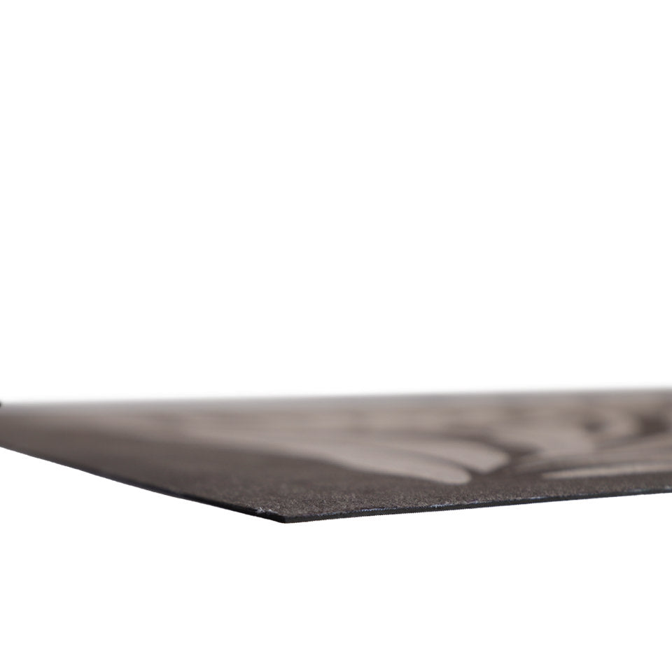 Super low profile shot of MCM funky abstract floral with urbane bronze background and shiitake tan flowers on low profile washable floor mat