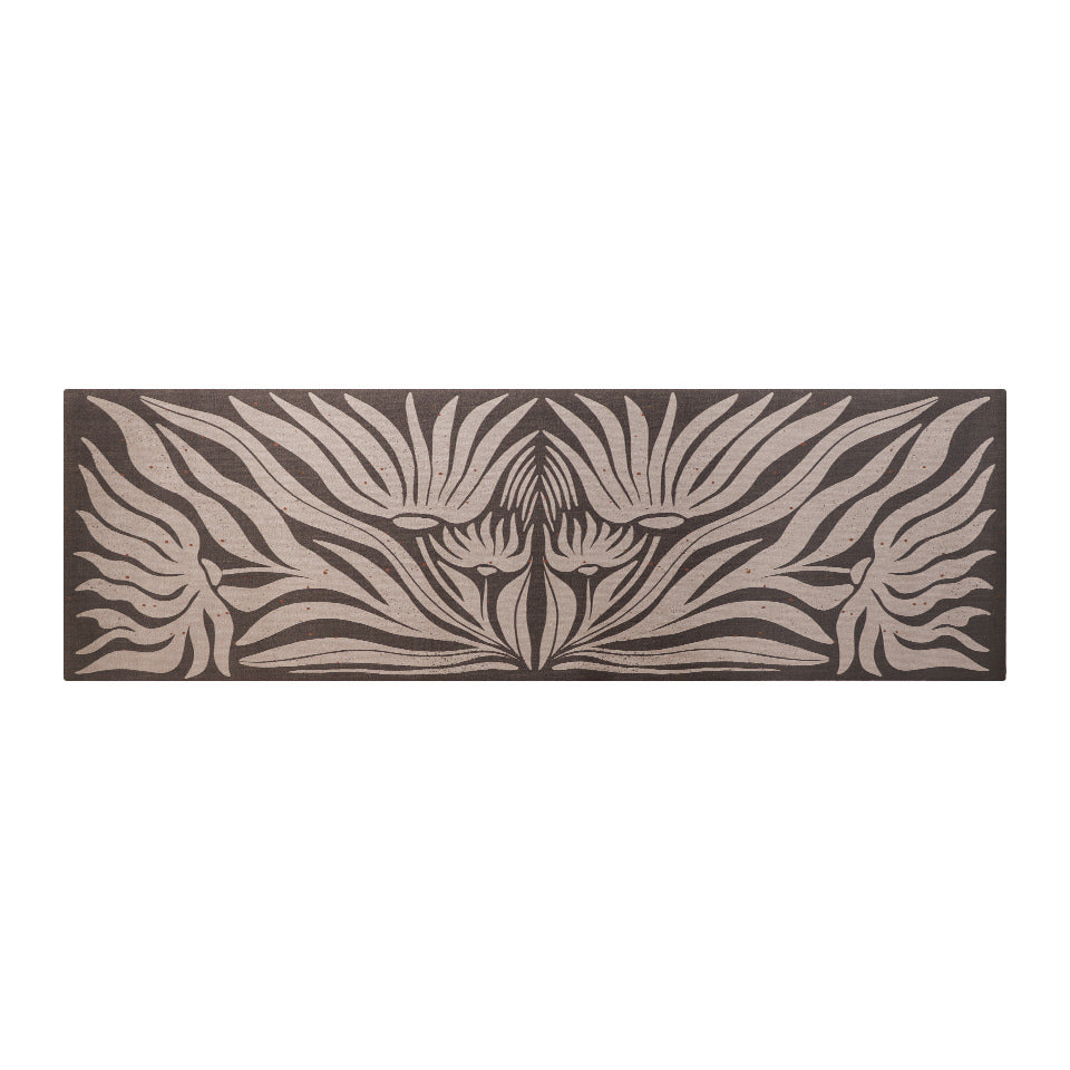 Runner MCM funky abstract floral with urbane bronze background and shiitake tan flowers on low profile washable floor mat