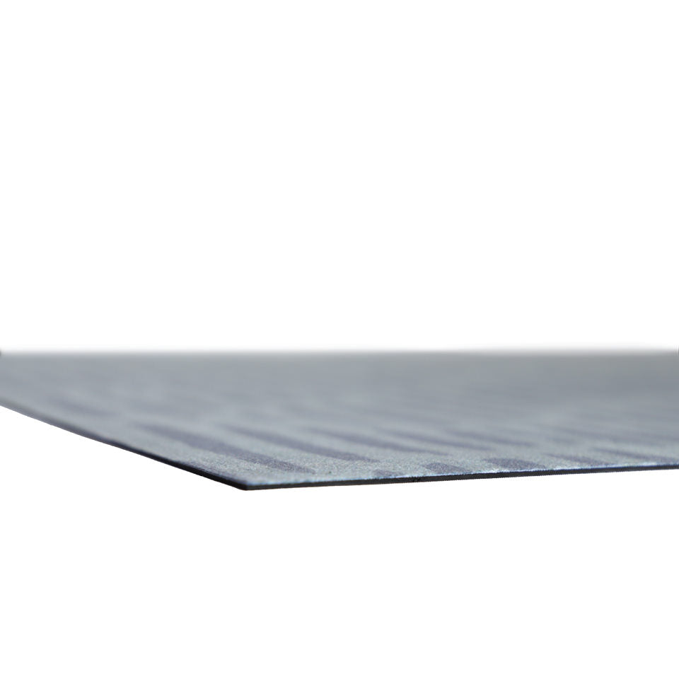 Super low profile shot of Storm cloud grey blue organic line abstract design on sea salt blue background printed on a thin low profile machine washable floor mat for indoor use.
