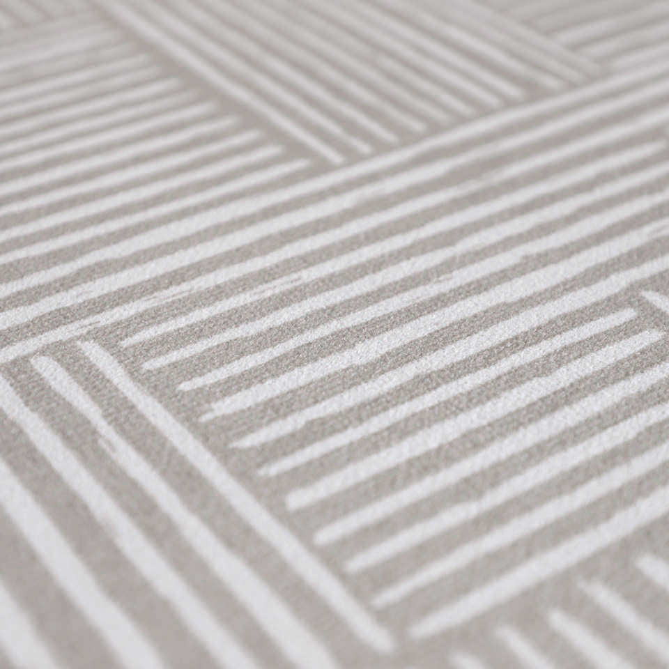 Close up view of Shiitake tan background with snowbound cream colored organic lines in abstract square pattern on a low profile washable interior floor mat.
