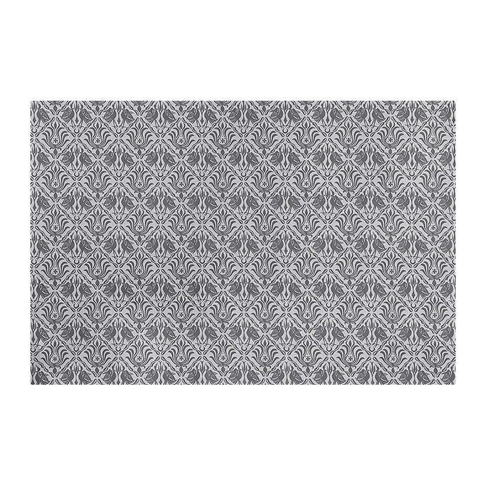 Overhead of Urbane bronze ornamental cranes in damask pattern printed on shiitake tan; washable low profile indoor large mat