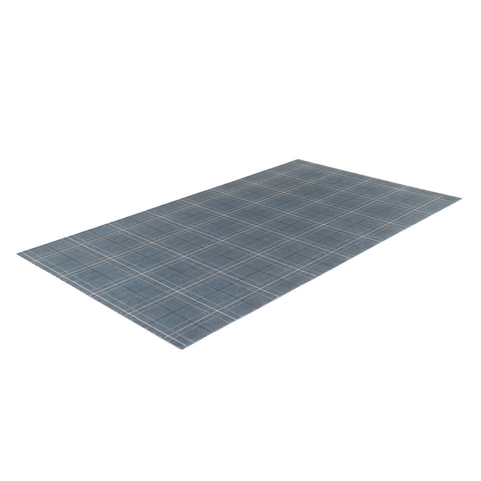 Overhead angle shot of Storm Cloud blue printed linen texture with shiitake tan and urbane bronze plaid stripes on a low profile washable indoor floor mat