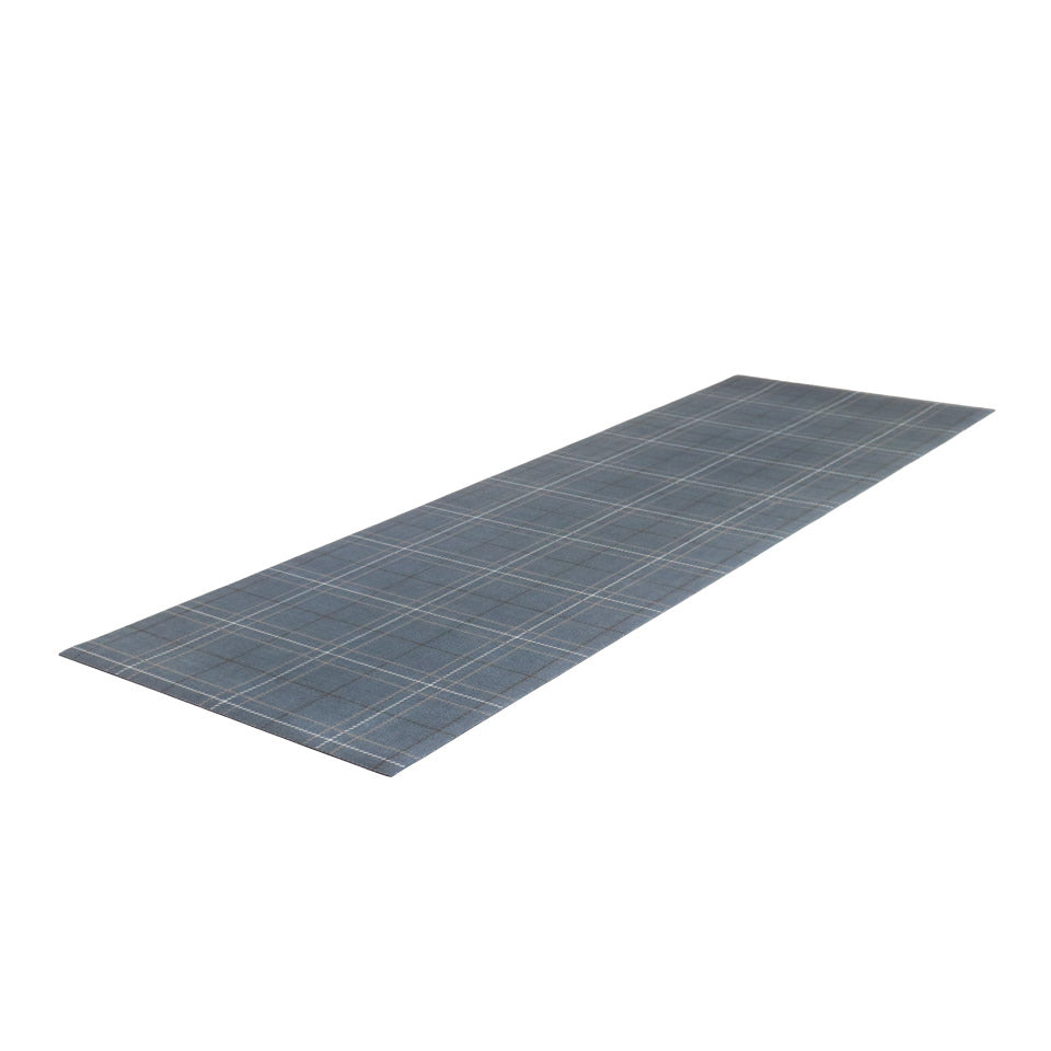 Kitchen runner sized Storm Cloud blue printed linen texture with shiitake tan and urbane bronze plaid stripes on a low profile washable indoor floor mat