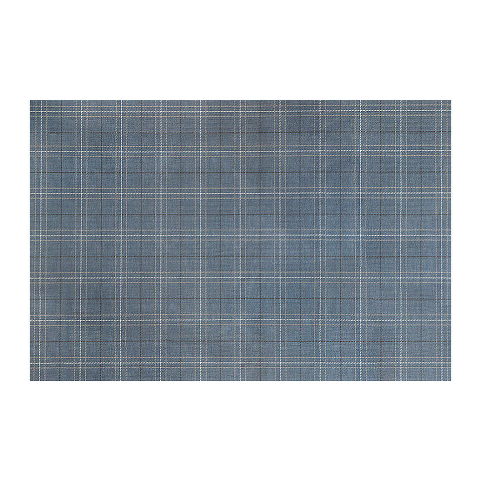 Overhead of Storm Cloud blue linen texture with shiitake tan and urbane bronze plaid stripes in size large