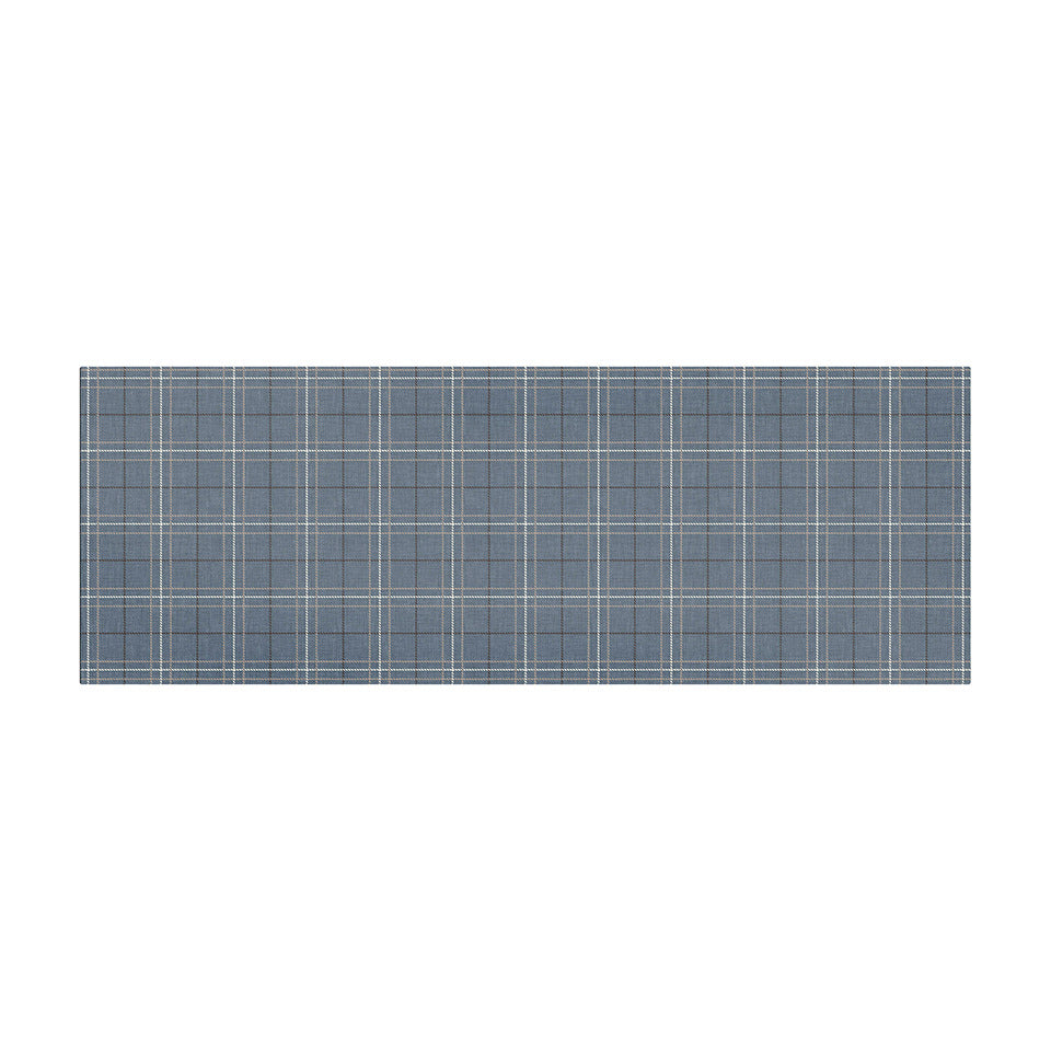 Overhead of Storm Cloud blue linen texture with shiitake tan and urbane bronze plaid stripes in size medium runner.