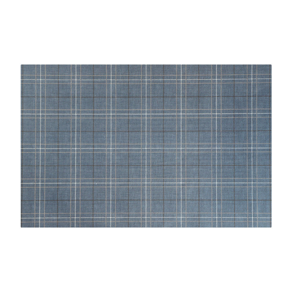 Overhead of Storm Cloud blue linen texture with shiitake tan and urbane bronze plaid stripes in size small