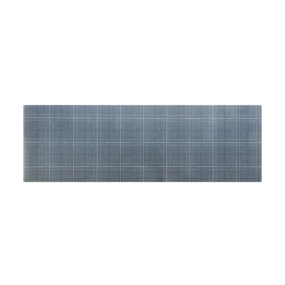 Overhead of Storm Cloud blue linen texture with shiitake tan and urbane bronze plaid stripes in a runner size