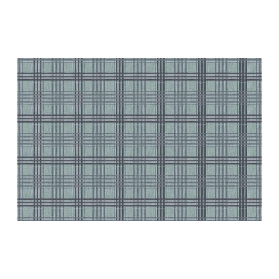 Sea salt blue printed linen texture with storm cloud blue plaid stripes on a low profile washable indoor floor mat size large