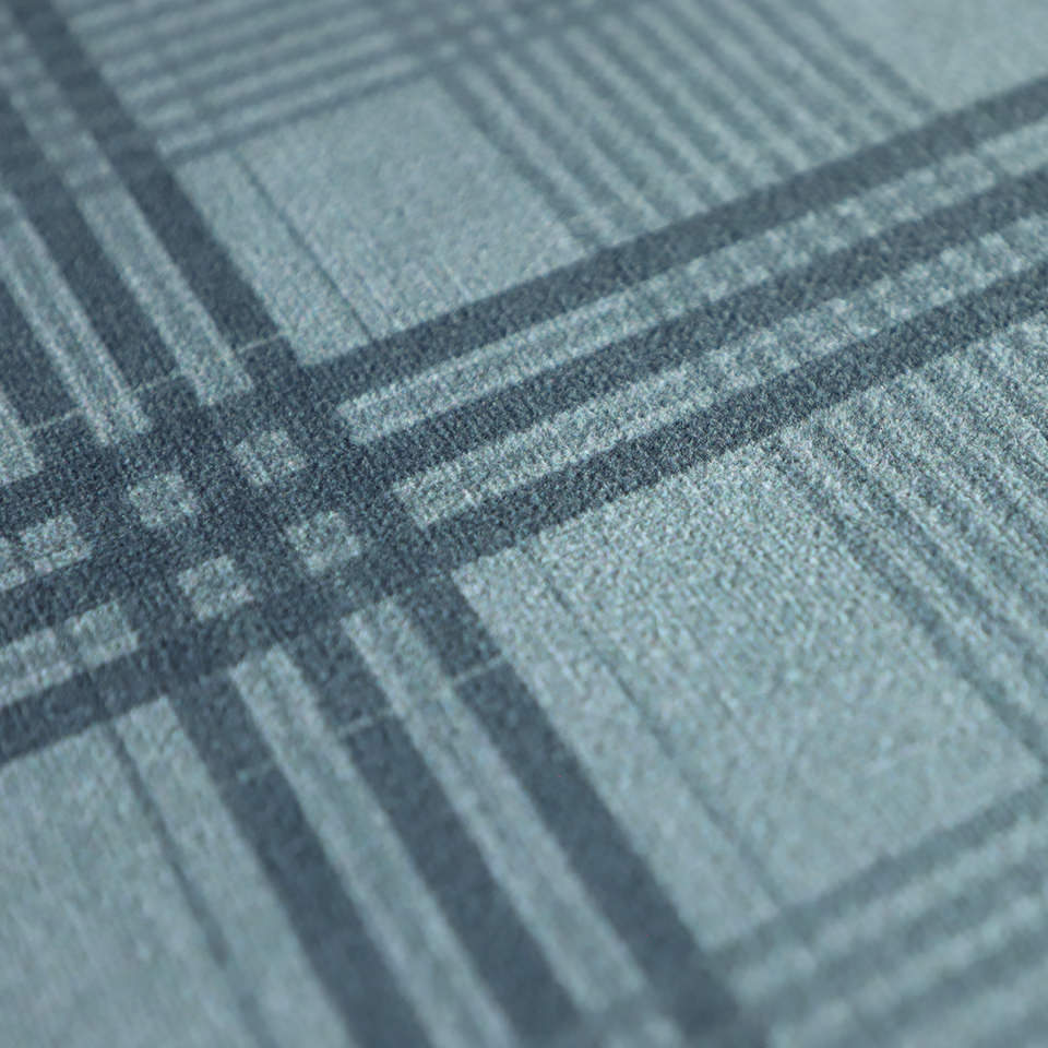 Closeup of Sea salt blue printed linen texture with storm cloud blue plaid stripes on a low profile washable indoor floor mat