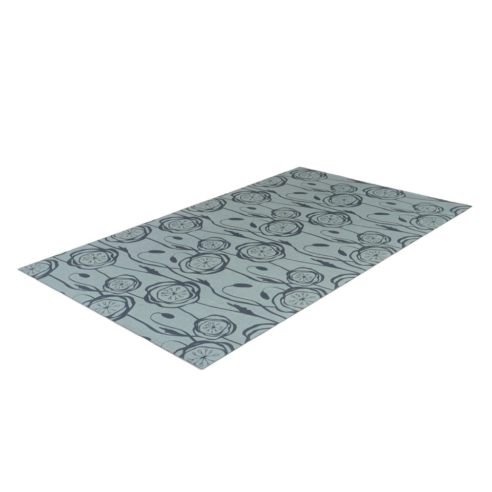 Peonies in a repeating pattern with storm cloud blue and sea salt  background and peonies in snowbound cream on a washable indoor floor mat.