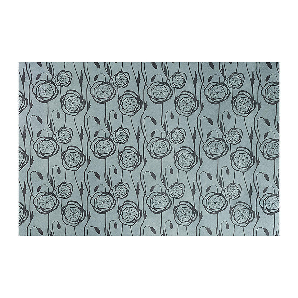 Peonies in a repeating pattern with storm cloud blue and sea salt  background and peonies in snowbound cream on a washable indoor floor mat.