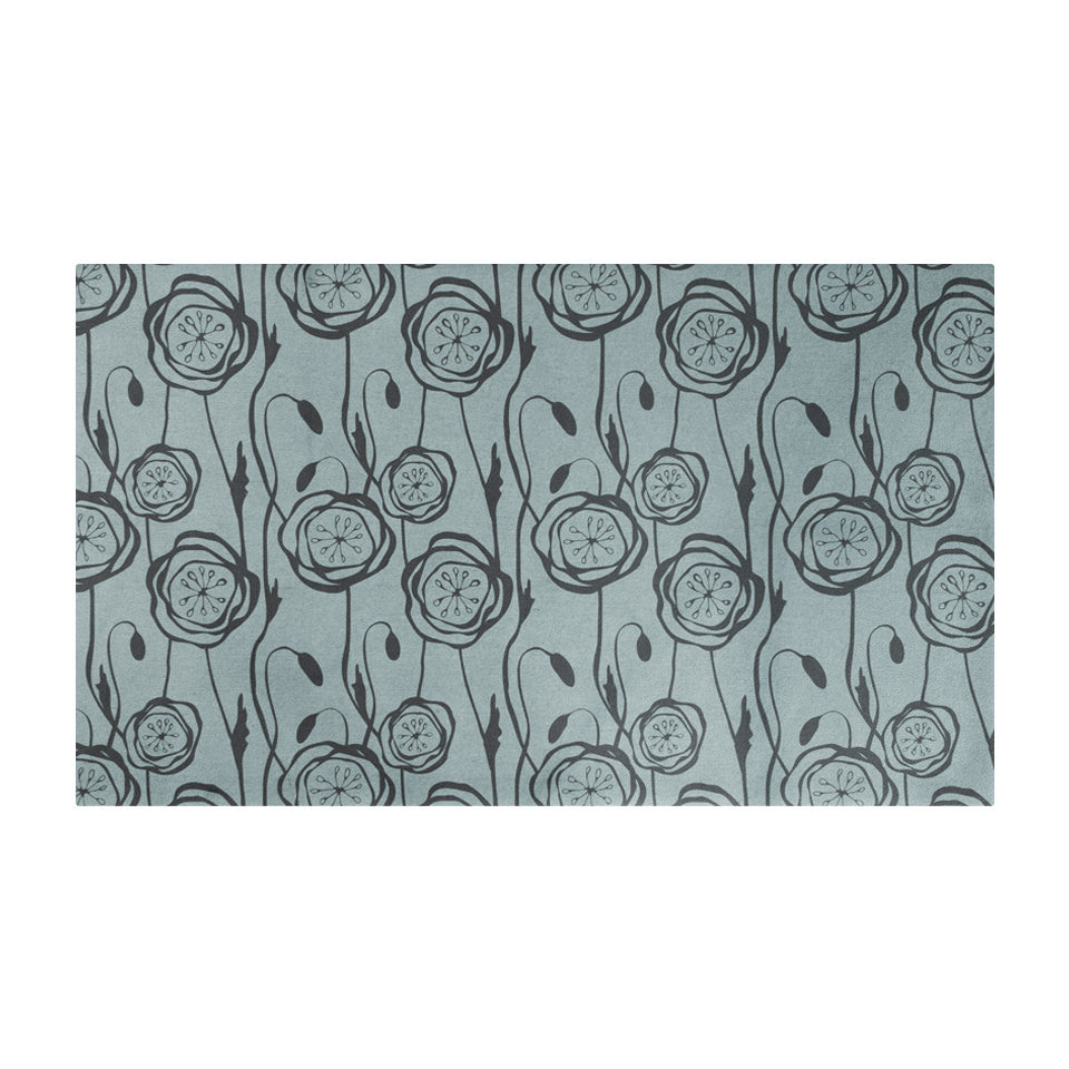 Peonies in a repeating pattern with storm cloud blue and sea salt  background and peonies in snowbound cream on a washable indoor floor mat.