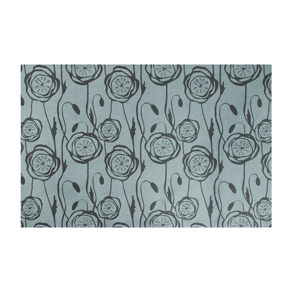 Peonies in a repeating pattern with storm cloud blue and sea salt  background and peonies in snowbound cream on a washable mat.