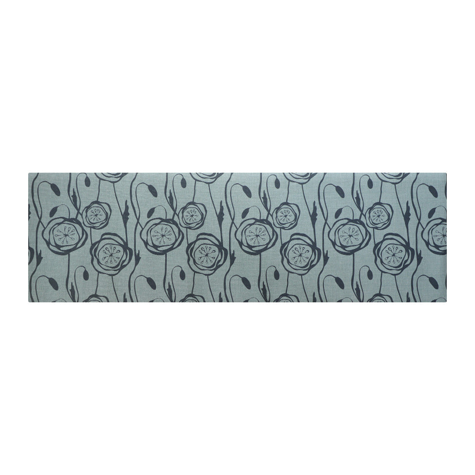 Peonies in a repeating pattern with storm cloud blue and sea salt background and peonies in snowbound cream on a washable indoor floor mat.