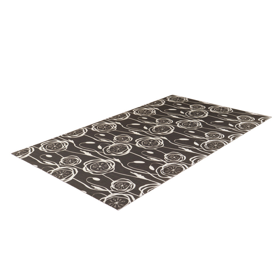 Peonies in a repeating pattern with urbane bronze brown background and peonies in snowbound cream on a washable indoor floor mat.