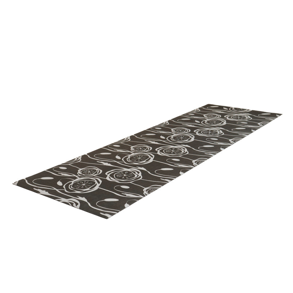 Peonies in a repeating pattern with urbane bronze brown background and peonies in snowbound cream on a washable indoor floor mat.