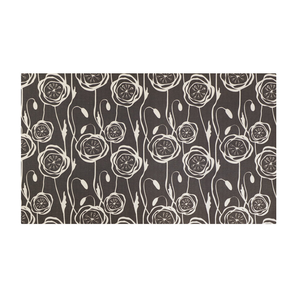 Peonies in a repeating pattern with urbane bronze brown background and peonies in snowbound cream on a washable indoor floor mat.