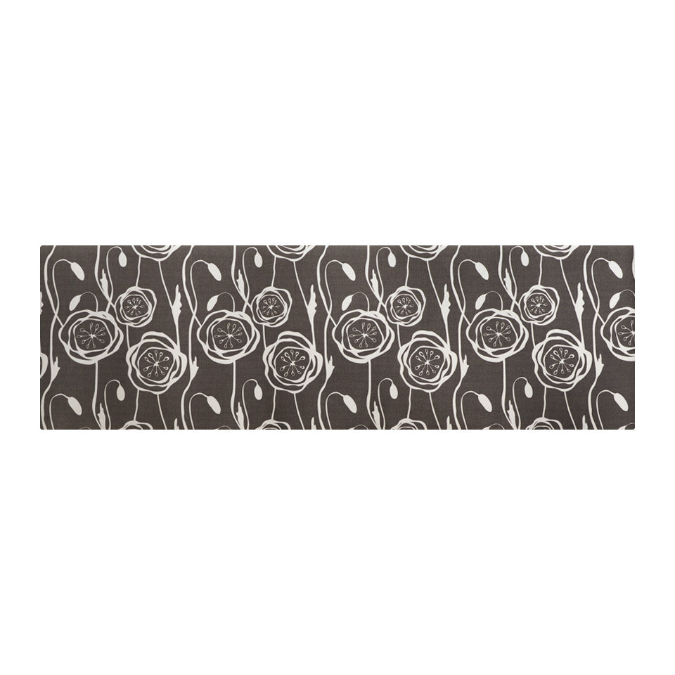 Peonies in a repeating pattern with urbane bronze brown background and peonies in snowbound cream on a washable indoor floor mat.